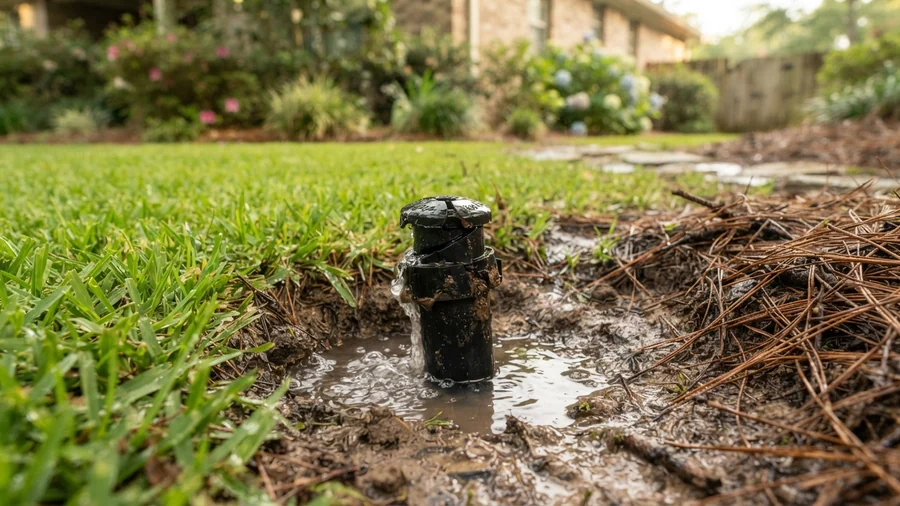 Leaking pop-up sprinkler head with wet soil around the base in a Savannah yard