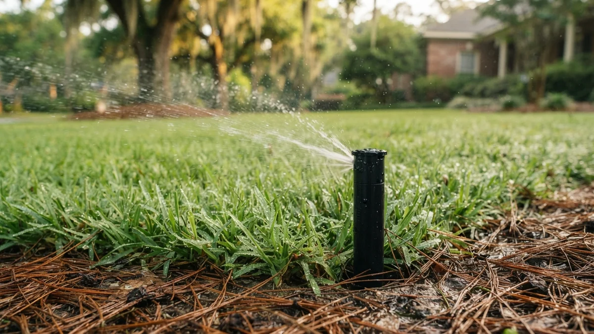 Low pop-up sprinkler head beside Savannah turf and pine straw after yard work