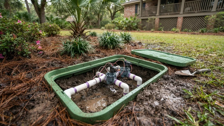 Open irrigation valve box with sprinkler repair parts in sandy soil